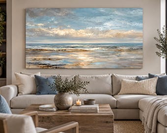Coastal Seascape Wall Art, Blue Ocean Canvas Print, Beach Landscape Poster, Neutral Coastal Wall Decor, Sea Painting, Living Room Art