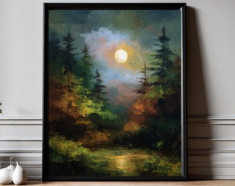 Wall Art Print, Forest Landscape with Full Moon, Nature Wall Decor, Woodland Artwork, Framed or Unframed | UK