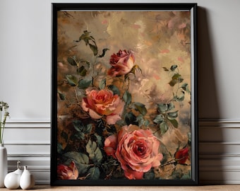 Framed Vintage Roses Print, Dark Moody Floral Still Life, Picture UK, Floral Art