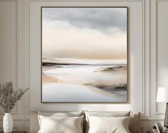 Neutral Abstract Wall Art, Minimalist, Beige Modern Art, Calm Coastal Sea Print, Large Contemporary Home Decor