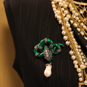 Vintage Enamel Snake Brooch with Baroque Pearl and Crystal Details