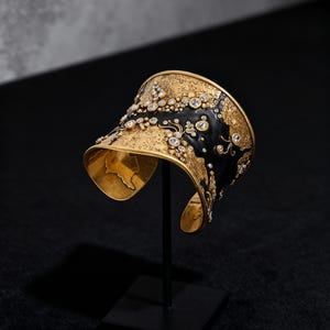 Handcrafted 24K Gold Plated Cuff Bracelet & Earrings Set, Swarovski Crystals image 1