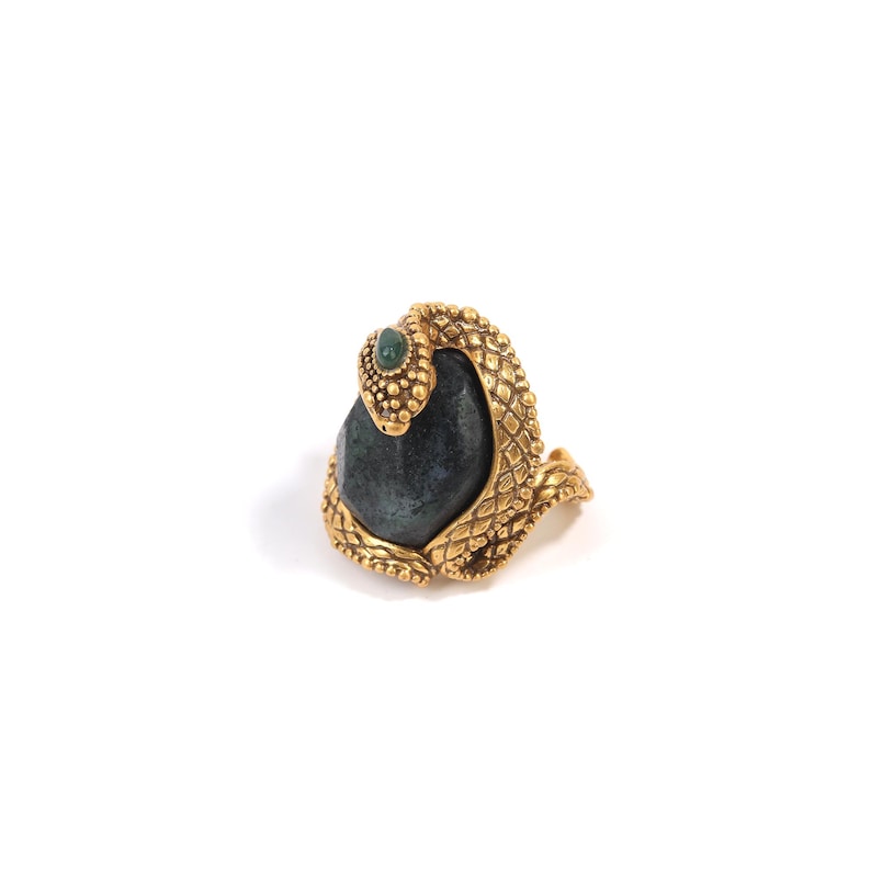 24K gold plated serpent ring embracing a natural South African serpentinite stone.