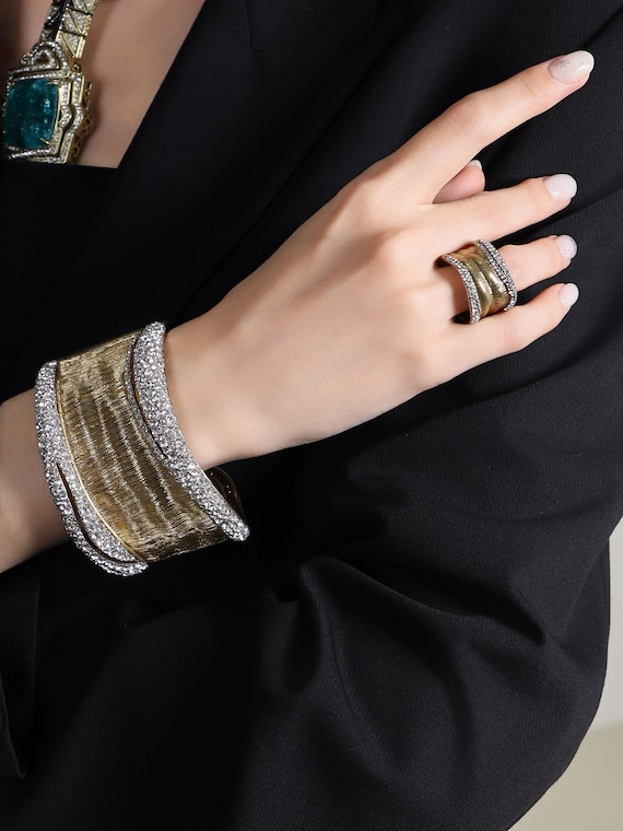 Vintage 24K Gold-Plated Brass Jewelry Set with Crystals, Italian Artisan Bracelet and Ring