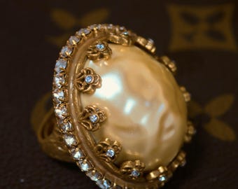 Vintage MH Miriam Haskell Pearl Jewelry Set • Handcrafted Adjustable Ring & Lightweight Earrings