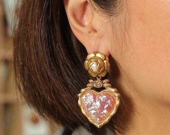 Vintage Heart Earrings: 18K Gold Plated Floral Enamel Inlay