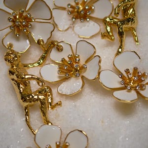 Monkey Flower Earrings, Handmade Enamel Dangle Earrings, 24K Gold Artisan Jewelry, Rare Collectible