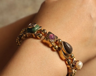 Royal Gemstone Bracelet: Handmade 18K Gold Plated Jade, Amethyst & Pearl