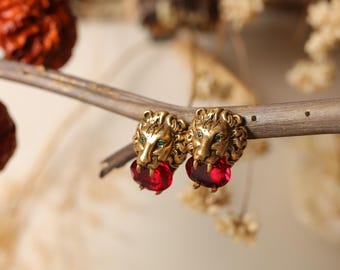 Handmade Lion Head Earrings: AAA Zircon, Vintage Gold Animal Jewelry