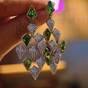 Vintage Geometric Drop Earrings — Green Crystal Statement 24K Gold Jewelry image 1