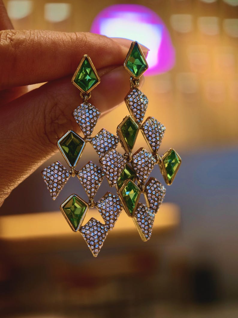 Vintage Geometric Drop Earrings — Green Crystal Statement 24K Gold Jewelry image 1