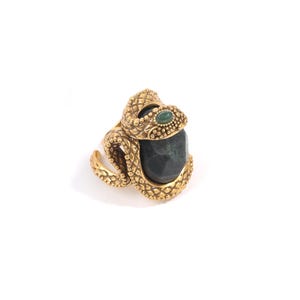 24K gold plated serpent ring embracing a natural South African serpentinite stone.