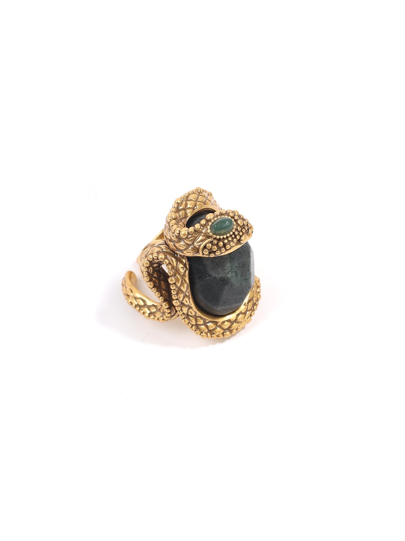 24K gold plated serpent ring embracing a natural South African serpentinite stone.