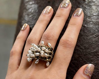One-of-a-Kind Handcrafted Pearl Fringe Ring | Collectible Graduate Design, Sculptural Statement Jewelry