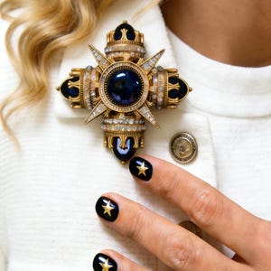 Vintage Gold Tone Cross Brooch: Black Cabochon & Crystal Statement Pin
