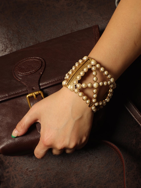 24K Gold Plated Pearl Bangle Bracelet: Vintage Inspired Artisan Jewelry