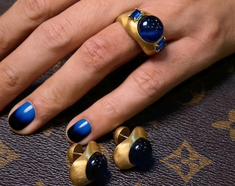 Handcrafted Brushed Gold Ring & Earrings Set | Blue Obsidian Glow + Sri Lankan Sapphire Accents