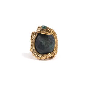24K gold plated serpent ring embracing a natural South African serpentinite stone.