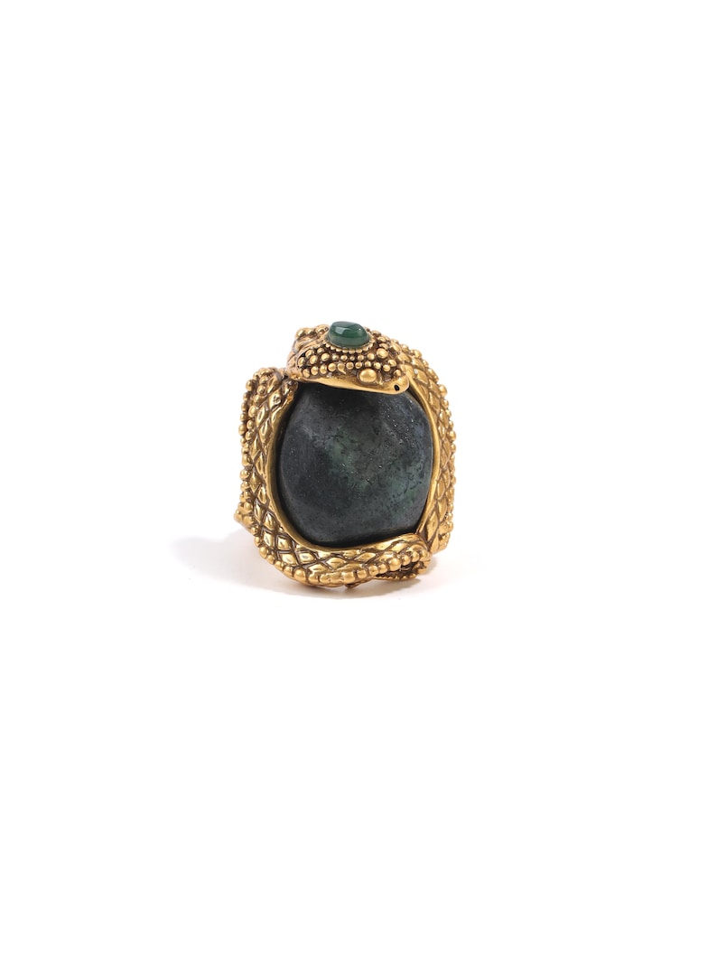 24K gold plated serpent ring embracing a natural South African serpentinite stone.