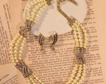 Swarovski Pearl & Crystal Necklace Set: 18K Gold Plated Art Deco Bridal Jewelry