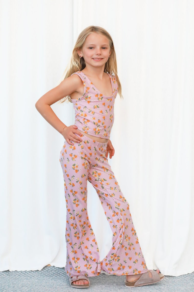 Pink Floral Crop Tank and Flare Pants image 1