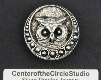 Owl Button: (1 inch) Handmade Silver Pewter Metal Owl Face (Sew On) Shank Back Clothing, Costuming Button, for Owl Lovers