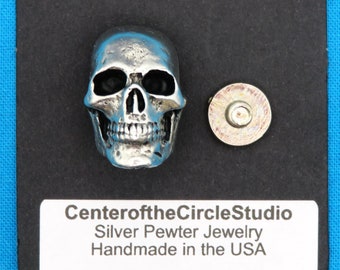 Skull Concho, Entirely Handmade Full Face Skull Cast Silver Pewter Metal Chicago Screw Concho, Great for Leather Projects, Saddle Bags
