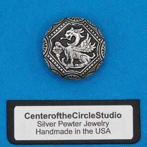 Griffin Dragon Button: (15/16 inch) Handmade Silver Pewter Sew On Costume Accessory