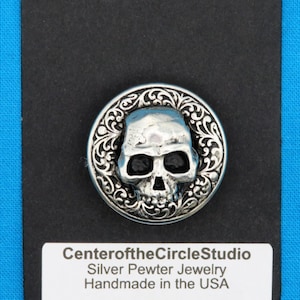 Gothic Skull Button 1  1/32&quot;, Handmade Solid Cast Silver Pewter Metal Decorative Half Skull replacement clothing shank sew on button