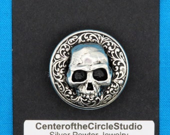 Gothic Skull Button: (1-1/32 inch) Handmade Solid Cast Silver Pewter Metal Decorative Half Skull Replacement Clothing Shank Sew On Button