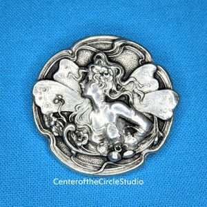 Fairy Button 1 1/4&quot; (32.4mm wide x 30.75mm), Handmade Cast Silver Pewter Metal Fairycore Sewable Replacement Clothing Costume Coat Button