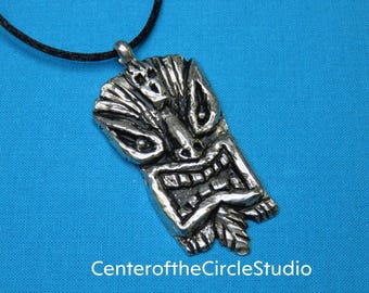 Original Tiki God Necklace: Handmade Tiki Pendant Solid Cast in Silver Pewter Metal
