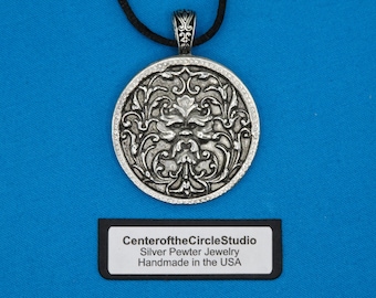 Green Man Necklace: Handmade Solid Cast Silver Pewter Metal Pendant