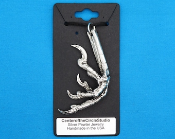 Crow's Claw Necklace: (Left Foot) Talisman Pendant - Handmade Solid Silver Pewter