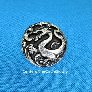 Dragon Sea Serpent Button: (13/16 inch) Small Handmade Solid Cast Silver Pewter Sew on (Sewable) Vest Costume Shirt Cuff Blazer Doublet