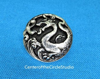 Dragon Sea Serpent Button: (13/16 inch) Small Handmade Solid Cast Silver Pewter Sew on (Sewable) Vest Costume Shirt Cuff Blazer Doublet
