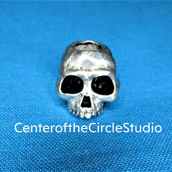 Skull Bead: (9/16 inch) Vertical Hole Handmade Solid Cast Silver Pewter Metal Human Skull Bead, Great for Craft DIY Projects