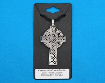 Celtic Cross Necklace: (Small) Handmade Cast Silver Pewter Metal Irish Knotwork Cross Pendant, Christian Cross Gift