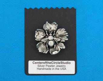 Bee Flower Button, 1 1/4", Victorian Style, Bee on an Open Flower, Handmade Cast Silver Pewter Metal Sew On Replacement Clothing Button
