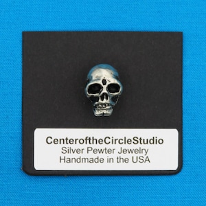Skull Button, 1/2&quot; wide, Handmade Solid Cast Silver Pewter Metal Human Skull Replacement Clothing or Costuming Sew On Shank Style Button