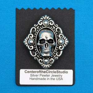 Skull Button, 1 1/2&quot; wide, Large Victorian Mourning Style, Handmade Cast Silver Pewter Gothic Skull Sew On Shank Style Costuming Button