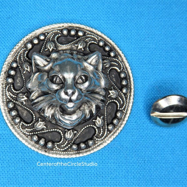 Mystic Cat Concho: (1-5/16 inch) Kitten Feline Handmade Silver Pewter Thread Lock Chicago Screw