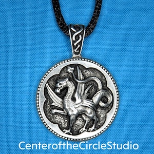 Griffin Necklace, Handmade Solid Cast Silver Pewter Griffin Necklace Pendant