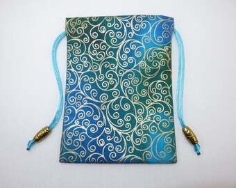 Mini Blue Green Batik Scrolls Silk Lined Tarot Bag