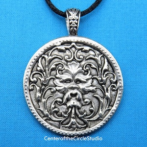Large Green Man Necklace, Handmade Solid Cast Silver Pewter Metal Jack-in-the-Green Necklace Pendant