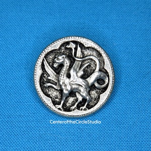 Griffin Dragon Button 7/8&quot;, Medium Size Handmade Cast Silver Pewter Metal Gryphon Griffon Sew On Sewable Blazer, Coat, Skirt, Vest Button