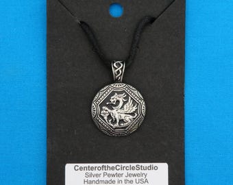 Griffin Necklace, Handmade Individually Solid Cast Silver Pewter Metal Griffon Necklace Pendant