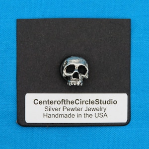 Small Skull Button, 7/16&quot;, Individually Handmade Cast Silver Pewter Metal Human Skull Replacement Clothing, Shirt, Cuff, Costuming Button