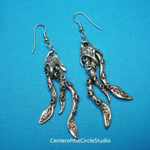 Tentacles of Cthulhu Earrings, Handmade Cast Earrings in Silver Pewter Metal