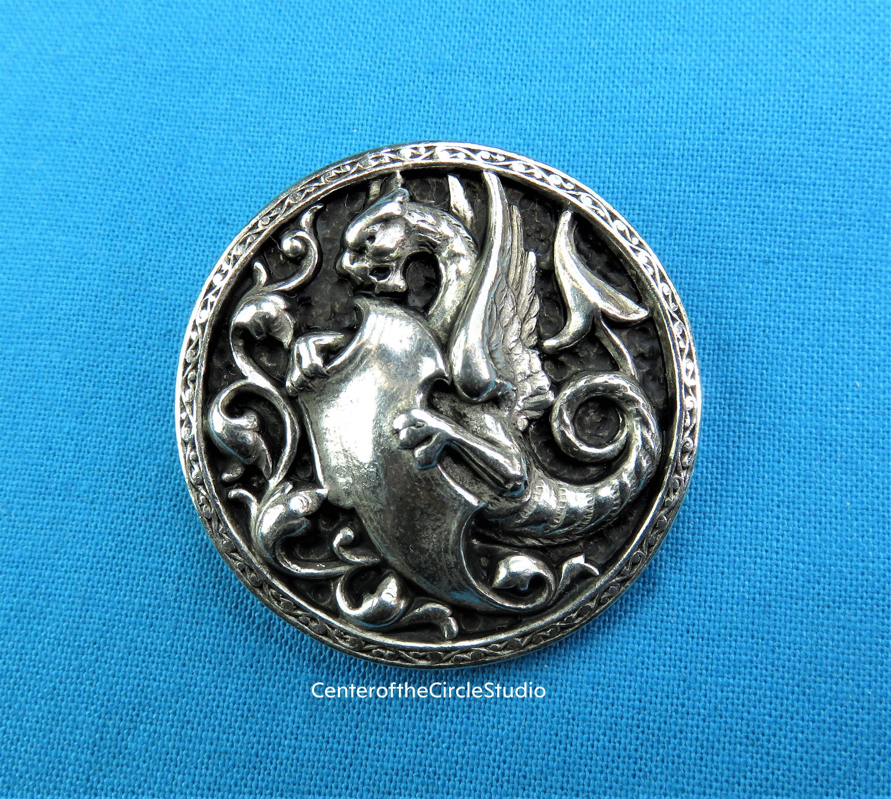 Dragon Shield Concho 1 7/16", Handmade Solid Cast Silver Pewter Thread Lock Chicago Screw Stud Medieval Dragon Shield Great for Leather work